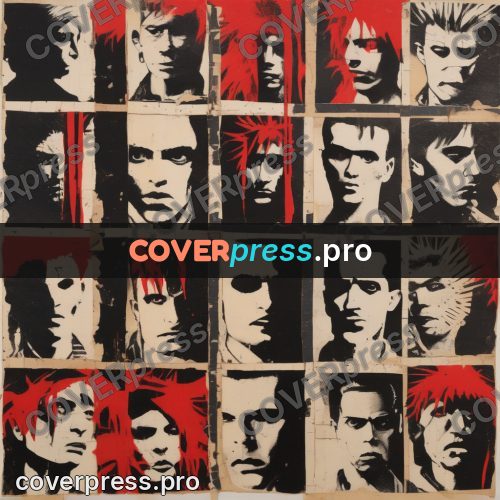 Punk illustration: grid of faces and red stars