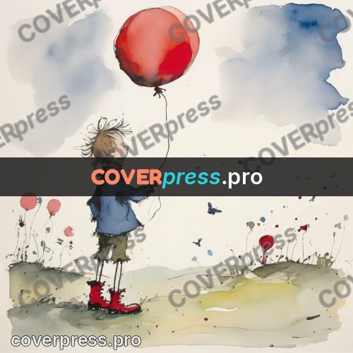 Quentin Blake style drawing: boy with a red balloon