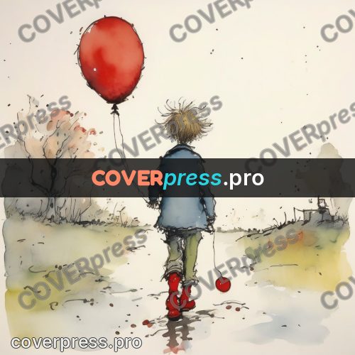 Quentin Blake style drawing: boy with a red balloon