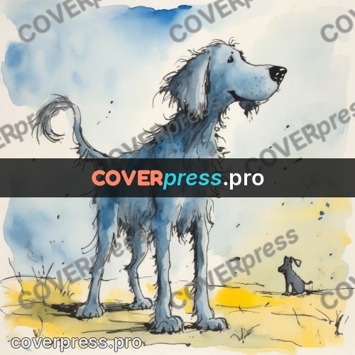 Quentin Blake style drawing: shaggy dog on long legs