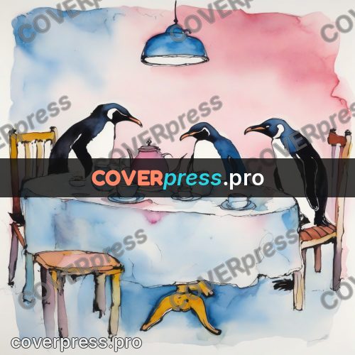 Quentin Blake style drawing: penguins at a laid table