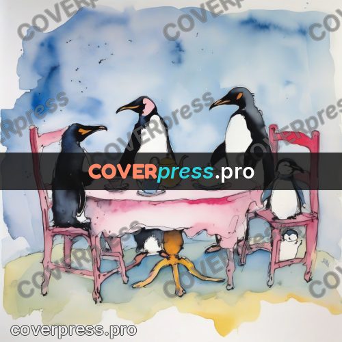 Quentin Blake style drawing: penguins at a laid table