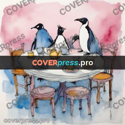 Quentin Blake style drawing: penguins at a laid table