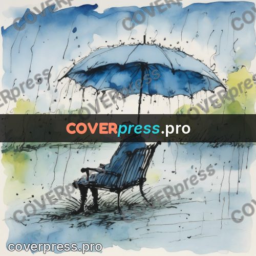 Quentin Blake style drawing: blue umbrella in the rain