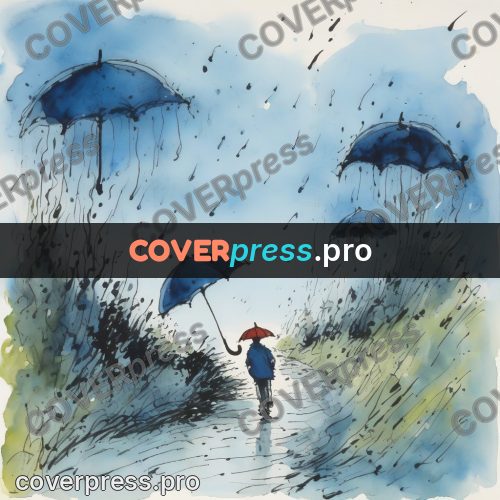 Quentin Blake style drawing: blue umbrella in the rain