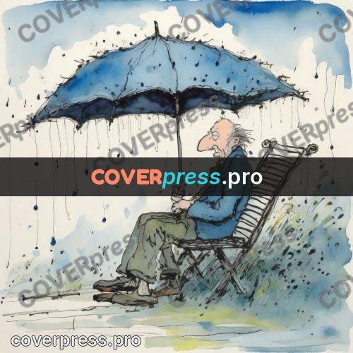 Quentin Blake style drawing: blue umbrella in the rain