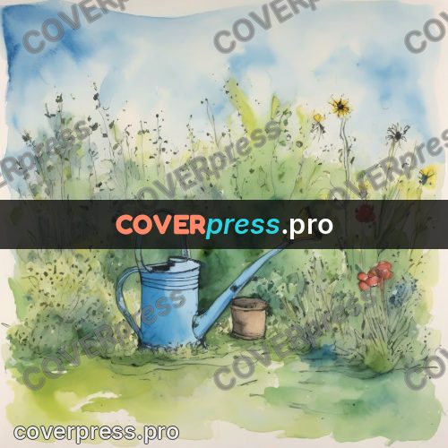 Quentin Blake style drawing: blue watering can in a garden
