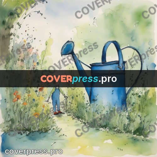 Quentin Blake style drawing: blue watering can in a garden