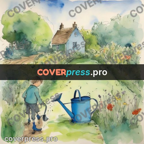 Quentin Blake style drawing: blue watering can in a garden