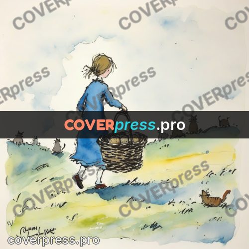 Quentin Blake style drawing: girl with a basket of kittens