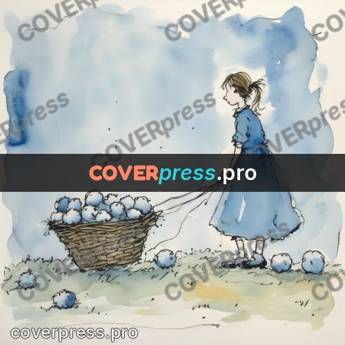 Quentin Blake style drawing: girl with a basket of kittens