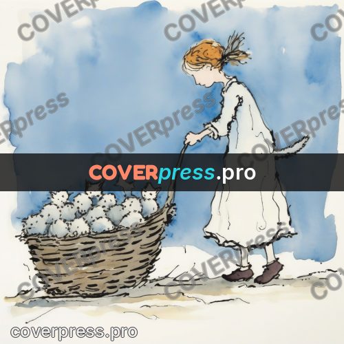Quentin Blake style drawing: girl with a basket of kittens