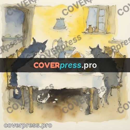 Quentin Blake style drawing: cats on a laid table
