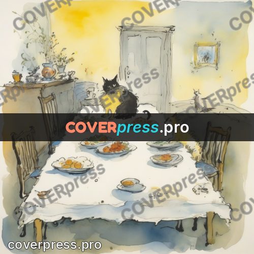 Quentin Blake style drawing: cats on a laid table