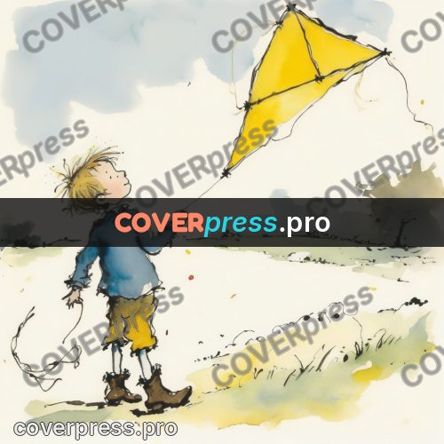 Quentin Blake style drawing: boy with a yellow kite
