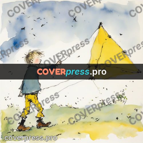 Quentin Blake style drawing: boy with a yellow kite