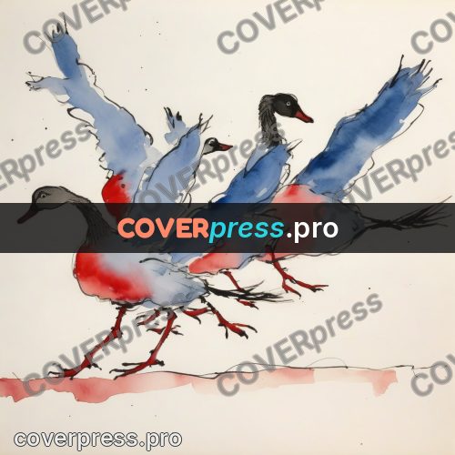 Quentin Blake style drawing: geese on a red band