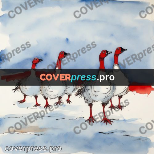 Quentin Blake style drawing: geese on a red band