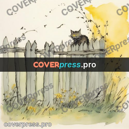 Quentin Blake style drawing: cat on a wooden fence