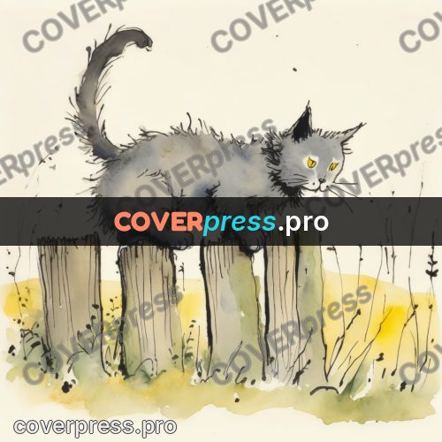 Quentin Blake style drawing: cat on a wooden fence