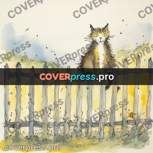 Quentin Blake style drawing: cat on a wooden fence