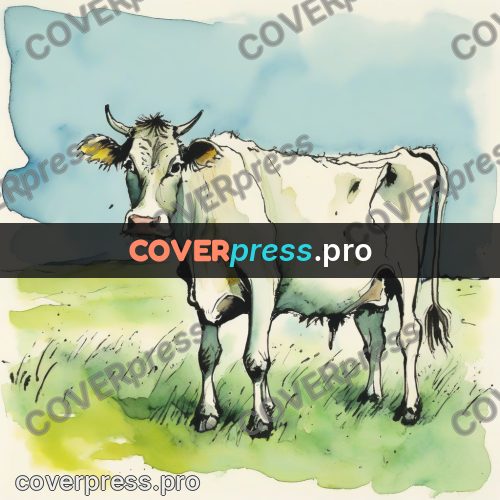 Quentin Blake style drawing: cow in a meadow