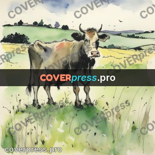 Quentin Blake style drawing: cow in a meadow