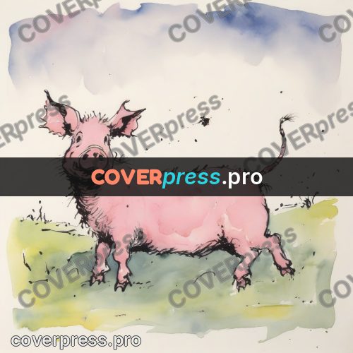 Quentin Blake style drawing: pink piglet in the grass