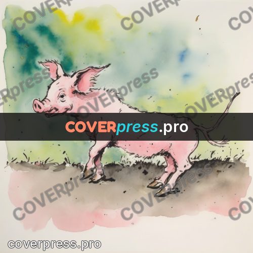 Quentin Blake style drawing: pink piglet in the grass
