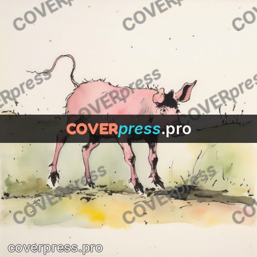 Quentin Blake style drawing: pink piglet in the grass