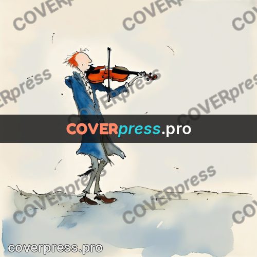 Quentin Blake style drawing: violinist in a blue coat