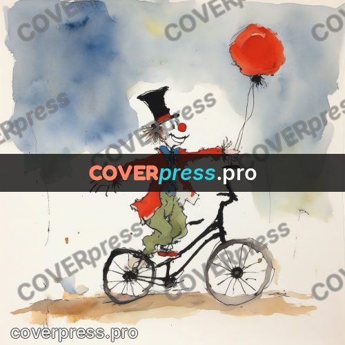 Quentin Blake style drawing: clown on a bicycle