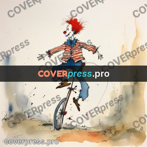 Quentin Blake style drawing: clown on a bicycle
