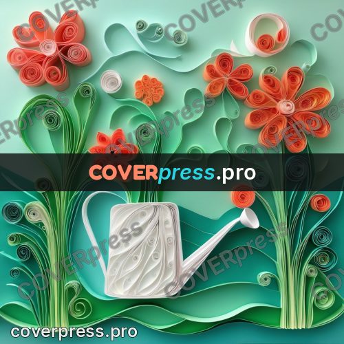 Paper quilling design: white watering can among flowers