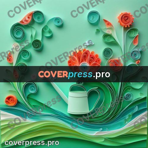 Paper quilling design: white watering can among flowers