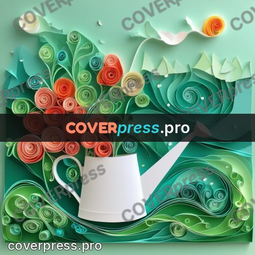 Paper quilling design: white watering can among flowers