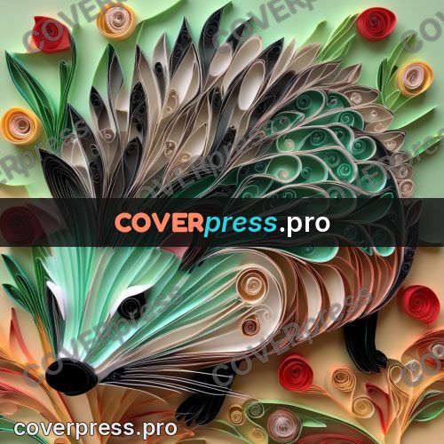 Paper quilling design: hedgehog among red berries