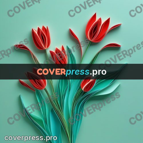 Paper quilling design: red tulip on a green stem