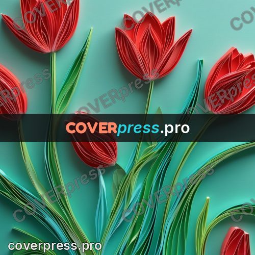 Paper quilling design: red tulip on a green stem