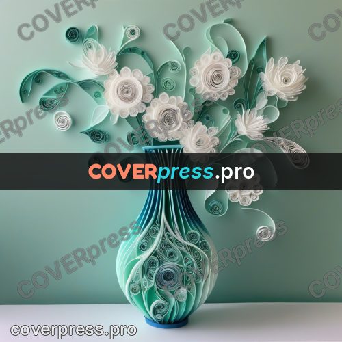 Paper quilling design: vase with white flowers
