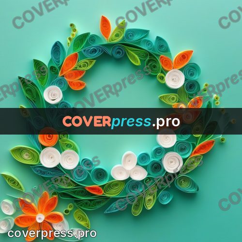 Paper quilling design: green wreath with orange flowers
