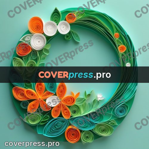 Paper quilling design: green wreath with orange flowers
