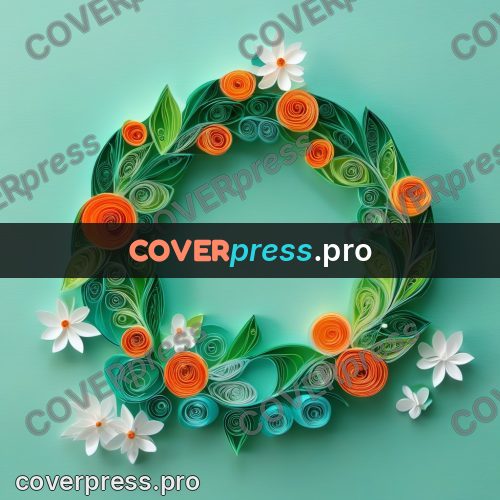 Paper quilling design: green wreath with orange flowers