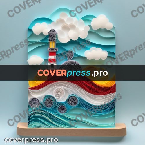 Paper quilling design: striped lighthouse above waves