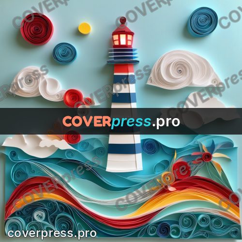 Paper quilling design: striped lighthouse above waves