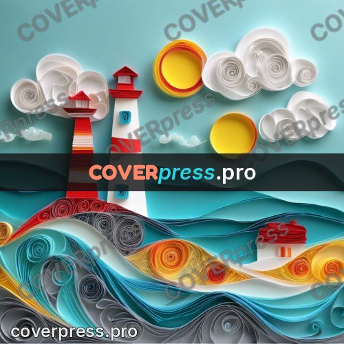 Paper quilling design: striped lighthouse above waves