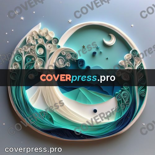 Paper quilling design: crescent moon over layered hills
