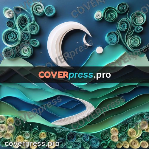 Paper quilling design: crescent moon over layered hills