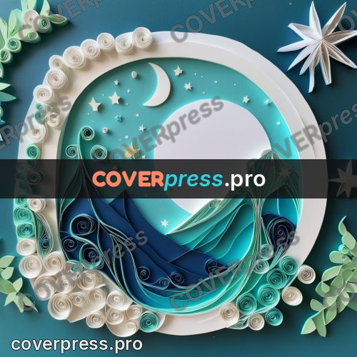 Paper quilling design: crescent moon over layered hills