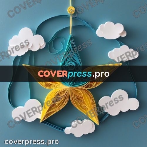 Paper quilling design: yellow star above clouds